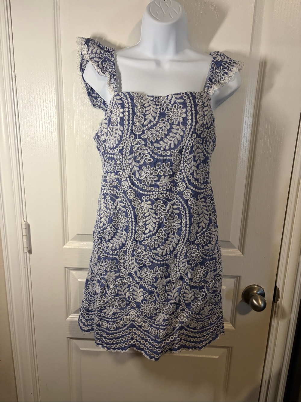 Alice + Olivia Blue and White Embroidered Mini Dress